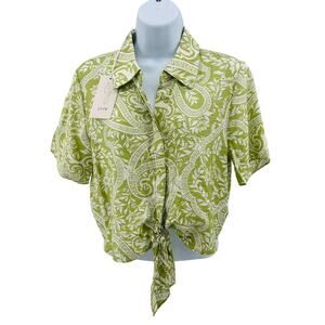 Joie Lime Crop Button-Up Shirt WMNS S Lime Green Cream Paisley Print Knot Front